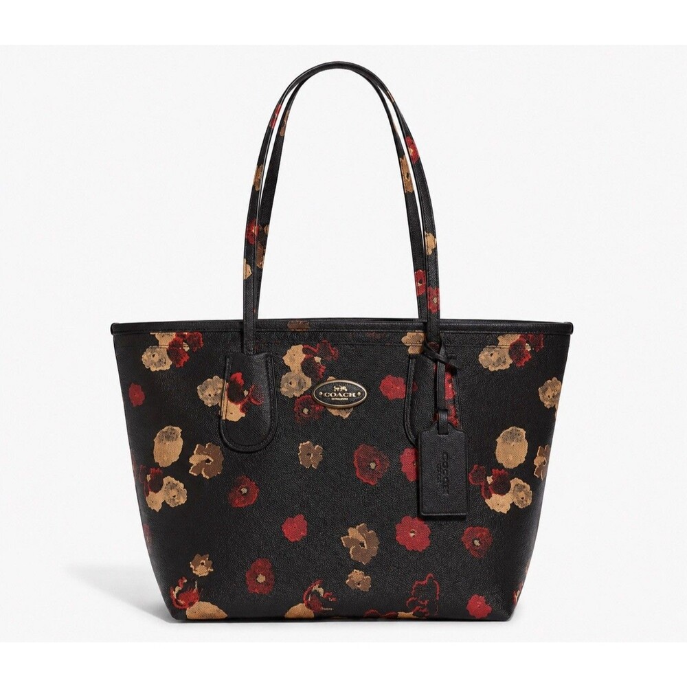Coach Floral City Tote Black Red Print Shoulder Bag Purse PVC Leather